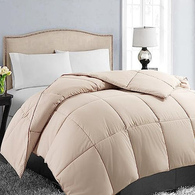 EASELAND Twin Size Down Alternative Comforter - Quilted Duvet Insert for All Seasons, Soft Lightweight with Corner Tabs, Summer Winter Warm Bedding, Beige 64×88 Inches