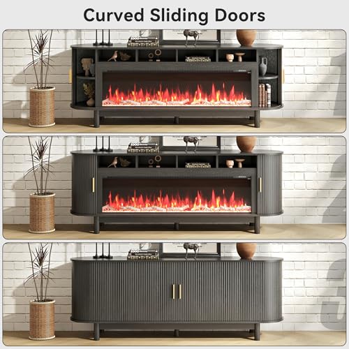 BVIUNTWO 70 Inch Modern Fireplace TV Stand for TVs up to 80 inches, Mid Century TV Console with Solid Wood Legs, Sliding Doors & Curved Design,Media Console for Living Room, Black BVIUNTWO