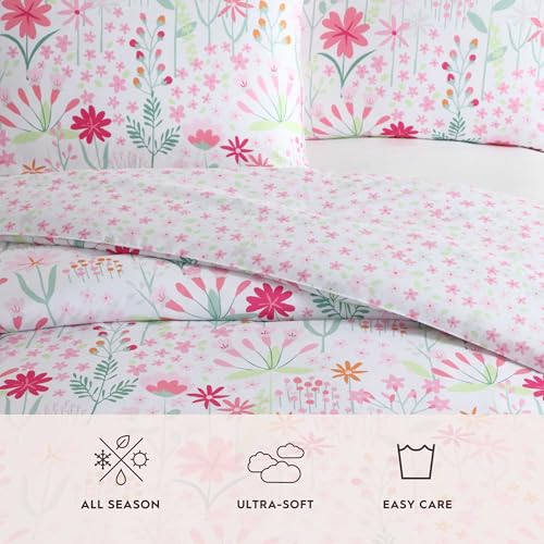 Laura Ashley - Kids Comforter Set, 100% Super Soft Toddler Bedding with Matching Sham & Bonus Decorative Pillow, Ideal Girl Room Essentials (Sunshine Flowers Pink, Twin) Laura Ashley