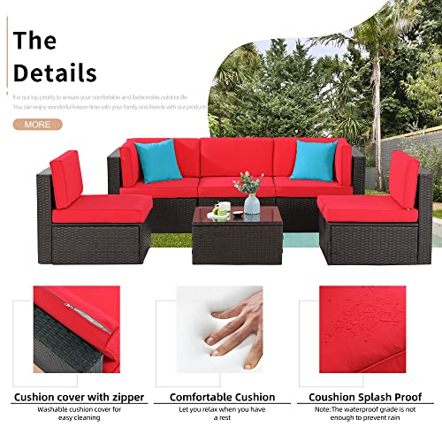 Shintenchi 6 Pieces Patio Furniture Sets Outdoor All-Weather Sectional Patio Sofa Set PE Rattan Manual Weaving Wicker Patio Conversation Set with Glass Table&Ottoman Cushion and Red Pillows, Red Shintenchi