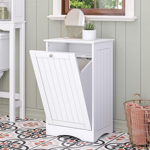 RiverRidge Ashland Tilt Out Laundry Hamper with Beadboard Design - Spacious Top Shelf, Removable Cloth Bag & Silver Knob - White Laundry Cabinet for Towels & Clothes Storage - Laundry Room Cabinets RiverRidge
