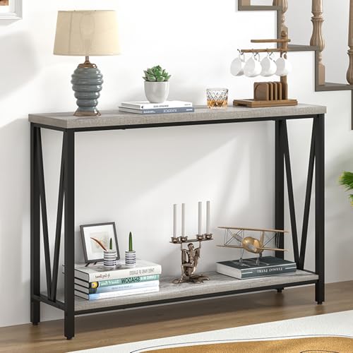FOLUBAN Industrial Sofa Console Table, Rustic Wood and Metal Entryway Hallway Table for Living Room Entrance, 43.3 Inch Light Grey FOLUBAN