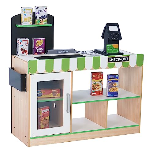 Teamson Kids Cashier Austin Interactive Wooden Play Market Stand with Lights and Sounds, Manual Conveyor Belt, Register and Display Spaces, Green and White Décor on Natural Wood Teamson Kids