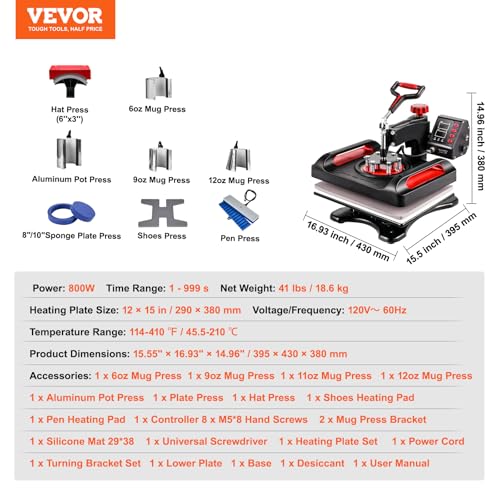 VEVOR 11 in 1 Heat Press, 12 x 15 Inch, Multifunctional Clamshell Printer, Digital Dual-Tube Heat Press Transfer Machine, Swing Away Sublimation Machine for T-Shirt Hat Cap Mug Plate Pen Shoes Black VEVOR