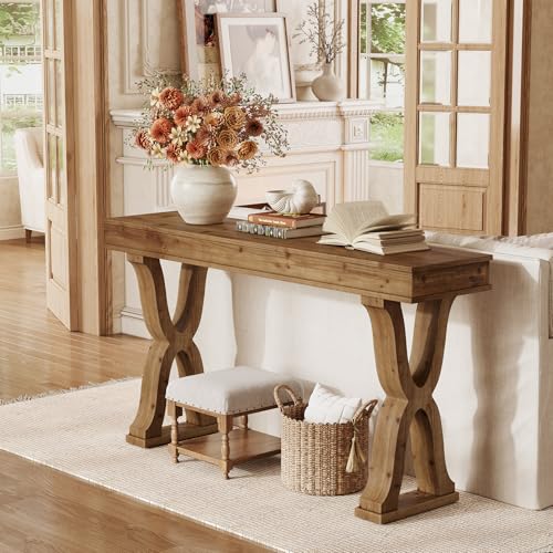 TRIBEWOOD 63-Inch Solid Wood Console Table, Farmhouse Entryway Table with X-Shaped Legs, Long Sofa Table for Living Room, Hallway, or Foyer, Easy Assembly, Anti-tip Kits TRIBEWOOD