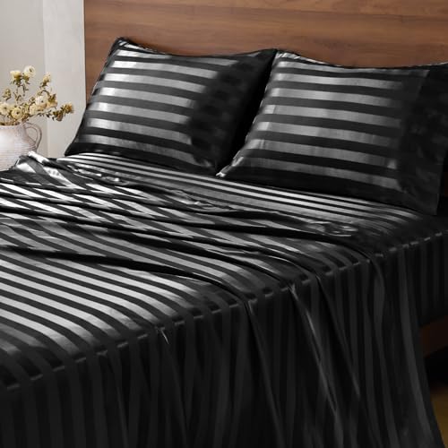 BEDELITE Satin Sheets King Size, Luxury Jacquard Striped Black Bedsheets Set with Elastic Corner Straps, Similar to Silk Sheets Set 4 PC with 1 Deep Pocket Fitted Sheet, 1 Flat Sheet, & 2 Pillowcases BEDELITE