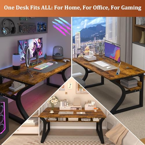 Aevum azn 55 inch Computer Desk, Home Office Desk with Storage Shelf, Sturdy U-Shaped Metal Frame Study Table with Cable Management, Gaming Desk for Office & Bedroom Aevum azn