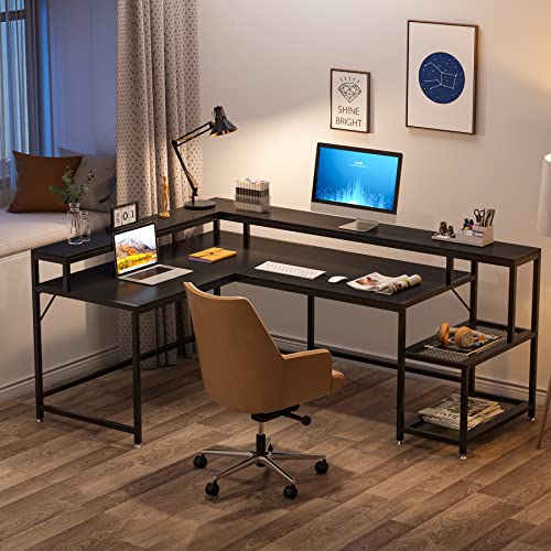 Tribesigns 69 Inch L Shaped Desk with Monitor Stand, Large Reversible Corner Desk with Storage Shelf, Industrial Computer Table Writing Desk for Home Office, Black Tribesigns