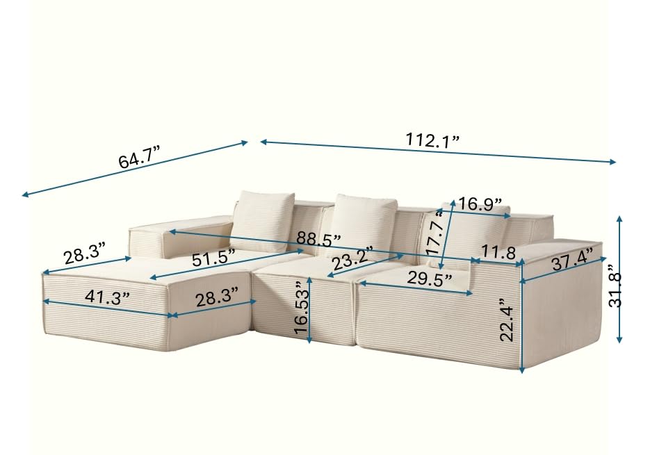 Container Furniture Direct Rowan Convertible Corduroy Sectional Couch with Ottoman & Pillows, Modular L Shaped Sleeper Sofa, Boneless Cloud Couch for Living Room Furniture, Dark Grey Container Furniture Direct