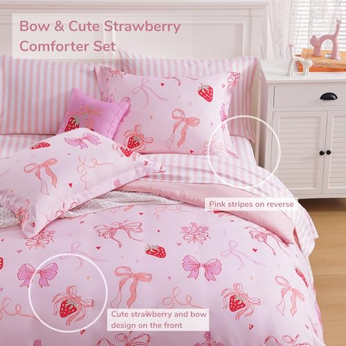 Wink Deer Twin Comforter Set for Girls-5 Pieces Pink Bow Twin Bedding Sets for Kids, Ultra Soft Bed in A Bag with Sheets Wink Deer