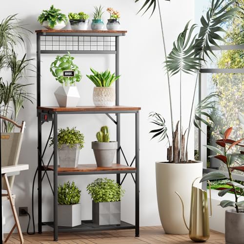 Furologee Rustic Brown Kitchen Bakers Rack with Power Outlet and 4 Tiers of Storage Furologee