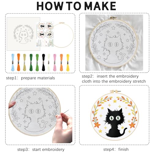INFUNLY 4 Sets Black Cat Embroidery Kit for Beginner Inspirational Embroidery Starter Kit 11.8x11.8 Everything is Fine Hand Stitching Needlework Set with Step-by-Step Instruction for Home Decor