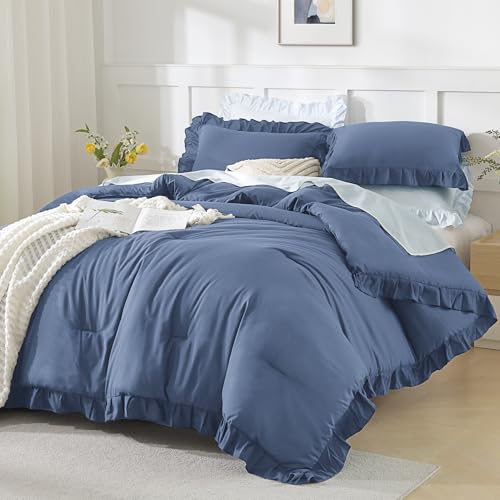 Andency Ocean Blue King Size Comforter Set, 3 Pieces Solid Farmhouse Shabby Chic Bedding Comforters & Sets, All Season Western Rustic Soft Down Alternative Bed Set for Adult Men Women Andency