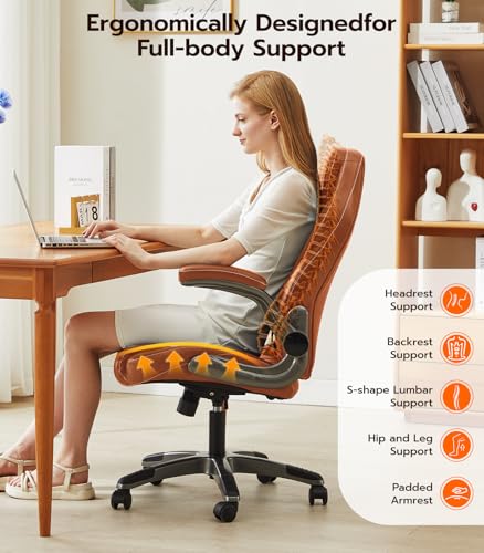 Office Desk Chair, Ergonomic Computer Chair with Padded Flip-Up Arms and Adjustable Lumbar Support, PU Leather Executive Chair with Tilt Lock and 360° Swivel Rolling Wheels for Work, Study Ylzyxal