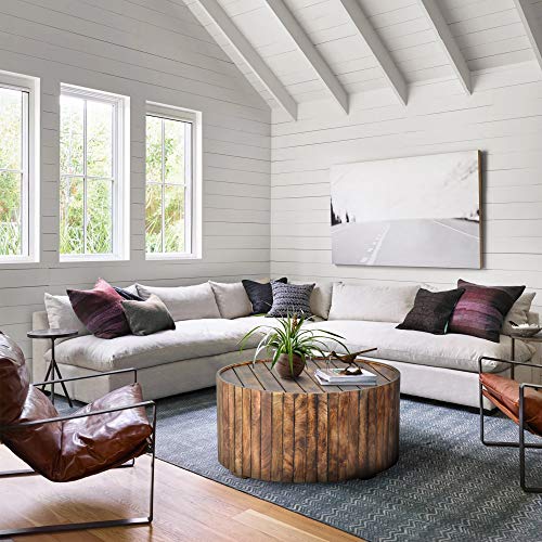 The Urban Port 34-Inch Handmade Wooden Round Coffee Table with Plank Design, Burned Brown TUP THE URBAN PORT