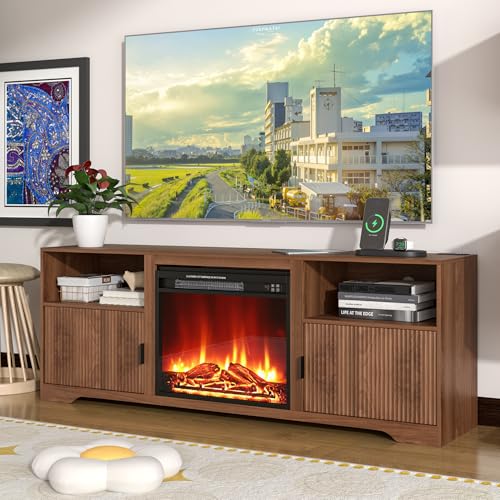 Fireplace TV Stand for Television up to 80 Inch,Entertainment Center with Adjustable Shelf,Mid-Century Modern Fluted TV Stand with 23" Electric Fireplace,Media Console for Living Room,Bedroom Mxtxmy
