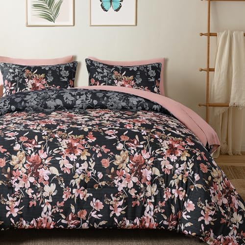 Dobuyly Black Comforter Queen Size Set, 7 Piece Floral Bedding Comforter Set, Black and Pink Bed in a Bag Botanical Flower Pattern with Sheets, Pillowcases & Shams All Season Dobuyly