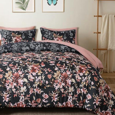 Dobuyly Black Comforter Queen Size Set, 7 Piece Floral Bedding Comforter Set, Black and Pink Bed in a Bag Botanical Flower Pattern with Sheets, Pillowcases & Shams All Season