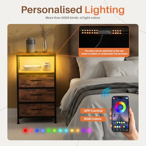 Sweetcrispy Nightstand with Charging Station, Bedside End Table with 3 Fabric Drawers & USB/Type-C Ports and Outlets, Night Stand for Bedroom Furniture, Adjustable Feet and Variable Light Strip, Rust Sweetcrispy