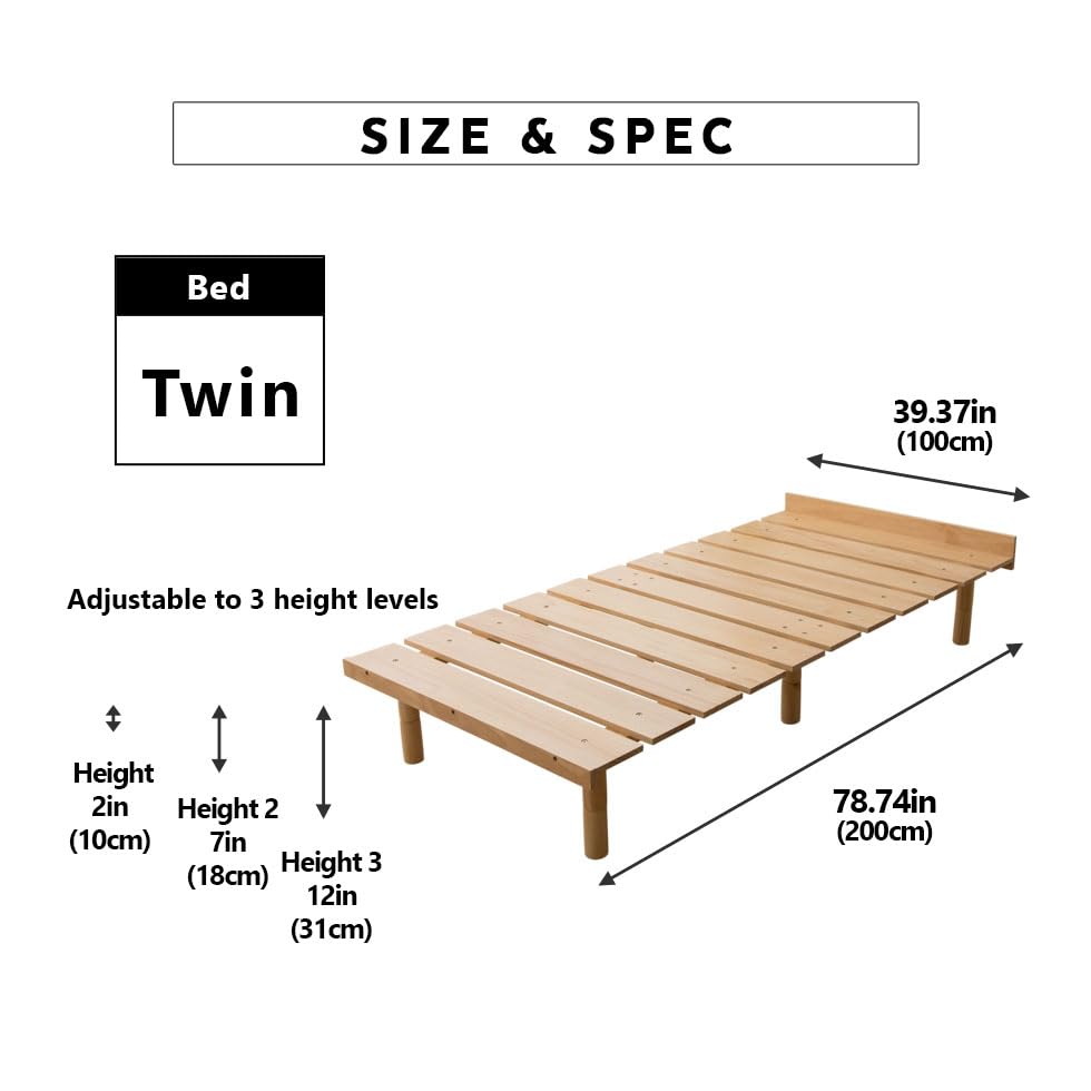 EMOOR Wood Slatted Floor Bed Frame OSMOS Twin for Japanese Futon Mattress Solid Pine (Earth-Natural), Height Adjustable (2/7/12in) Tatami Mat EMOOR