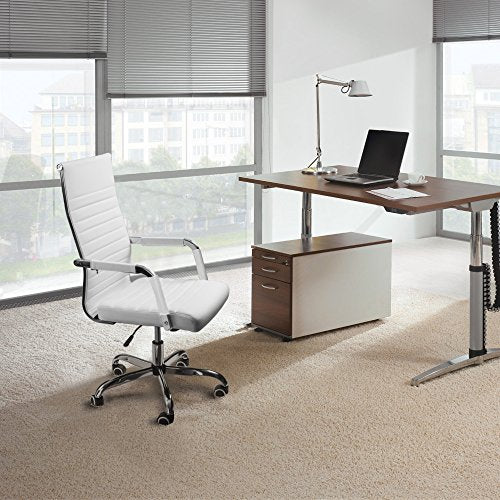 Furmax Ribbed Office Desk Chair Mid-Back PU Leather Executive Conference Task Chair Adjustable Swivel Chair with Arms (White) Furmax