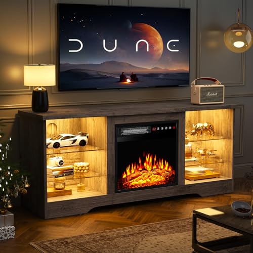 TAVATA 58" Fireplace TV Stand, Modern Entertainment Center with Fireplace for TVs up to 65 inch, Media TV Console for Living Room with Led Lights, Adjustable Glass Shelves and Storage Cabinets (Grey) TAVATA