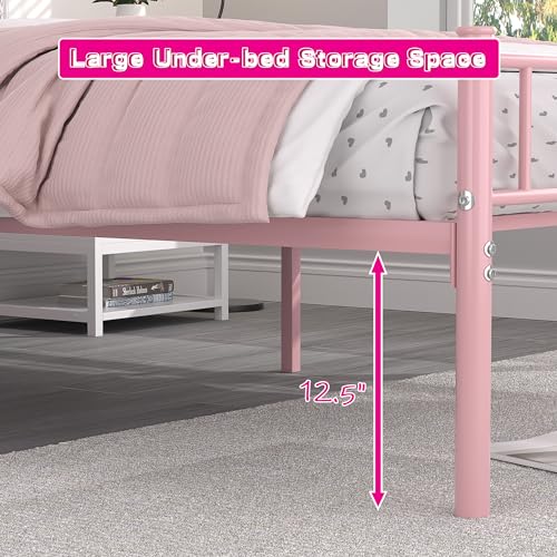 VECELO 14 Inch Twin Size Metal Platform Bed Frame with Headboard and Footboard, Heavy Duty Mattress Foundation with Steel Slats Support, No Box Spring Needed, Pink VECELO