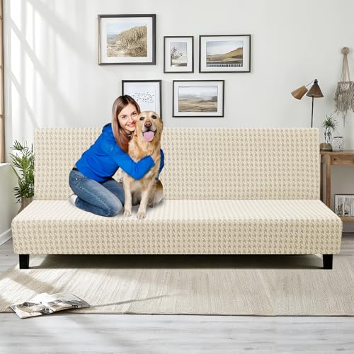 MAXIJIN Stretch Armless Futon Cover (67"-82") Jacquard Futon Couch Covers Full Queen Size Sofa Bed Slipcover Washable Mattress Furniture Protector with Elastic Bottom, Beige MAXIJIN