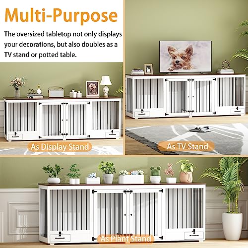 DAWNSPACES Furniture Style Large Dog Crate for 2 Dogs, 86.6" Heavy Duty Wooden Dog Kennel with Dog Bowl Drawers & Divider, Indoor Furniture Style Dog Kennel for Large Medium Dogs, White DAWNSPACES