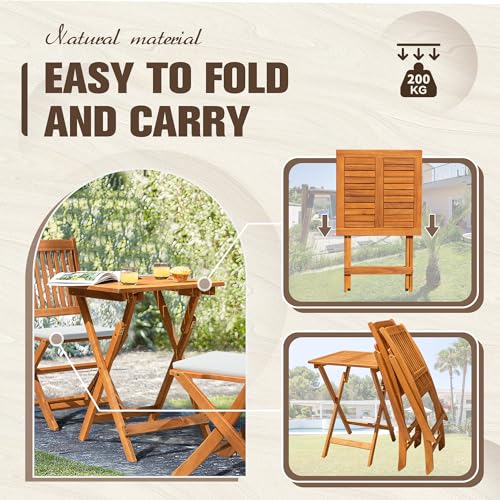 Flamaker Patio Set 3 Piece Acacia Wood Folding Bistro Set Outdoor Square Table and Chairs Balcony Furniture for Porch, Lawn, Backyard (Natural) Flamaker