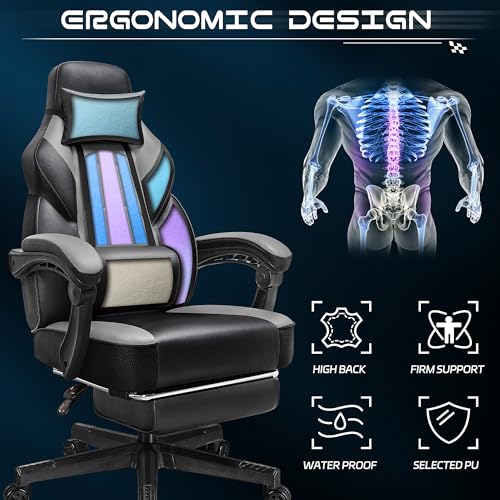 Meilocar Gaming Chair for Adult, Computer Chair with Footrest Video Game Chair Big and Tall Gaming Chair with Massage Lumbar Support, Adjustable Height and 360° Swivel Seat(Grey) Meilocar