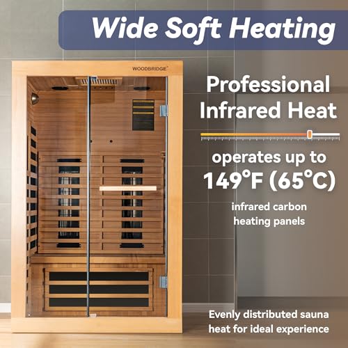 WOODBRIDGE Infrared Home Sauna Room 2 Person Hemlock Wooden Indoor Sauna,7 Carbon 1980W/120V Heaters,with Led Color Therapy Light,Bluetooth Speaker,Tempered Glass,Touch-Tone Keypad and A Top Vent WOODBRIDGE
