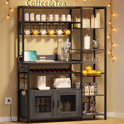 UPOSOJA 47.2in Grey Bakers Rack with Power Outlet and Ample Storage Solutions