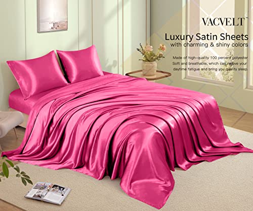 VACVELT 4pcs Hot Pink Satin Sheets King Size Bed Set, 15 Inch Deep Pocket Silky Satin Sheet Set, Soft Satin Bedding Set Cooling & Luxury Bed Sheets, 1 Fitted Sheet + 1 Flat Sheet + 2 Pillowcases VACVELT