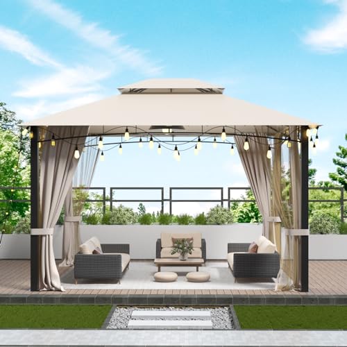 Hardtop Metal Gazebo,Heavy Duty Pergola with Mosquito Nets&Strip Lights,Galvanized Steel&Polycarbonate Roof,Sturdy Outdoor Canopies Tent,Suitable (Waterproof Fabric, 10X12 Soft Double Roof) Sannwsg