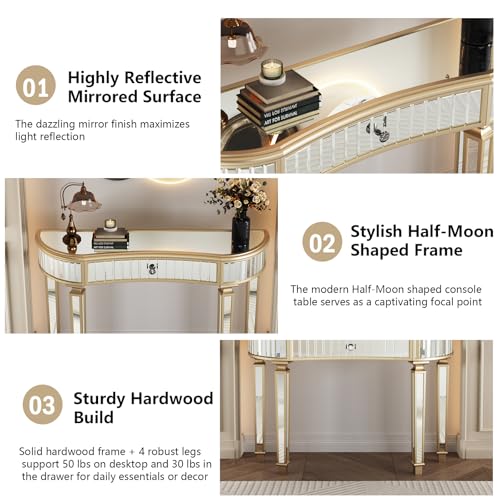 Mcltopz 47" Gold Mirrored Console Table, Half-Moon Sofa Table with with Fluted Glass & Crystal Knob Drawer, Modern Luxury Entryway Vanity Desk Mirrored Furniture with Sturdy Wooden Frame for Bedroom Mcltopz
