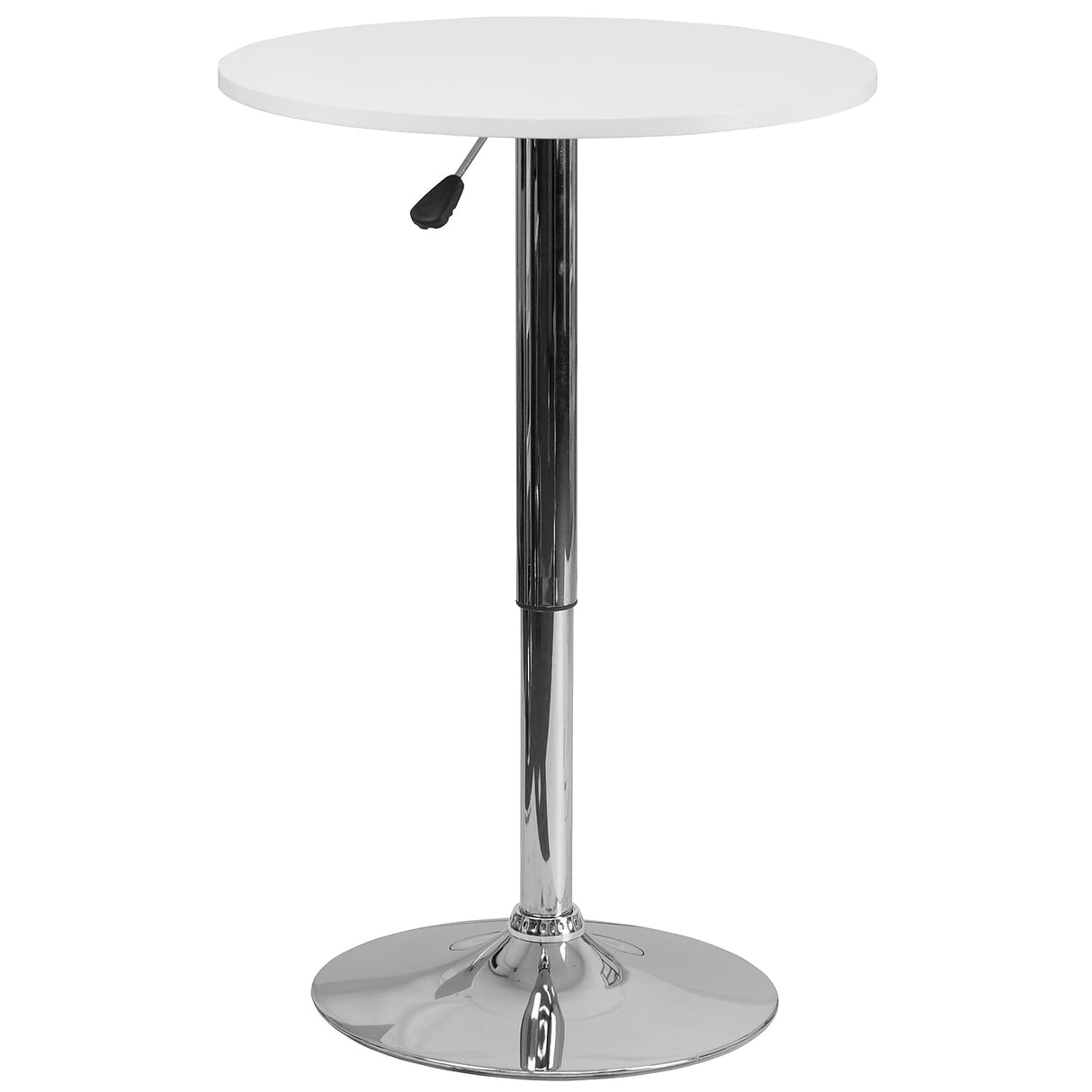 Flash Furniture Pearl 23.75'' Round Wood Dining Table with Chrome Base, Narrow Round Wood Cocktail Table, Adjusts 26.25'' - 35.75"H, White/Silver Flash Furniture