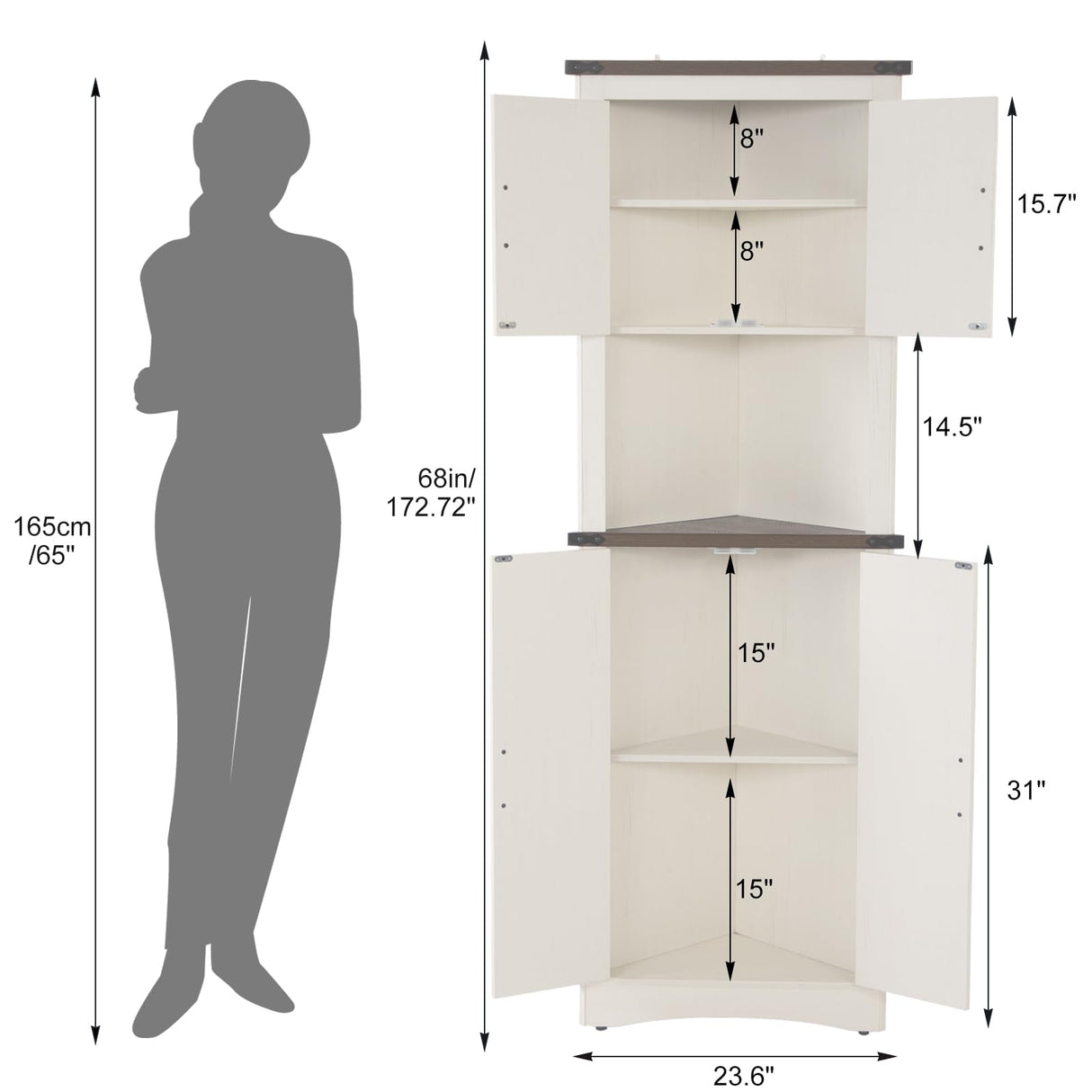 Hlivelood Farmhouse Corner Cabinet, 5-Tier Tall Storage Cabinet with 4 Barn Door & Adjustable Shelves, Bathroom Cabinet with Storage for Living Room, Kitchen, Bathroom, Rustic White Hlivelood