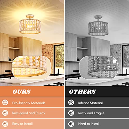 Wood Beaded Chandelier - Farmhouse Boho Light Fixture, Rustic Semi Flush Mount Ceiling Light, Oak 2 Lights Nursery Light Fixture for Hallway Foyer Bedroom Kitchen Island Living Room, E26 Base Frelii