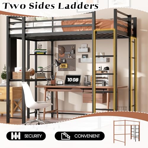 Shintenchi Loft Bed Full Size with Desk and Storage Shelves, Frame with 2 Side Ladders for Kids, Teens Adults, Spcace-Saving Noise-Free and Anti-tilt Design, Black Shintenchi