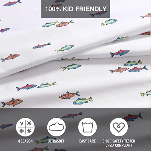 Eddie Bauer Kids - Queen Sheets, Stain-Resistant Toddler Bedding with Matching Sham(s), Super Soft, Ideal Boy Room Essentials (Fish Lake White, Queen) Eddie Bauer