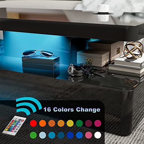 IKIFLY Modern High Glossy Coffee Table, Black Coffee Table for Living Room, Contemporary Rectangle Design Coffee Table with 16 Colors LED Lights, 2 Tiers IKIFLY