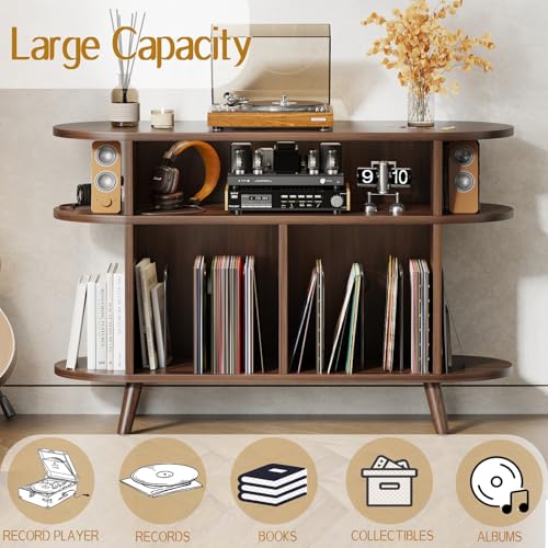 LIVEHOM Large Round Record Player Stand, Wood Record Storage Cabinet, Vinyl Record Holder with Display Area, Mid Century Modern Turntable for Living Room, Bedroom LIVEHOM