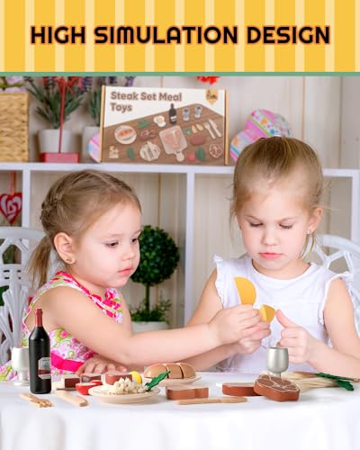 RRIBOUDWAN Wooden Play Food Toys, Food Pretend Playset Include Four Kinds of Steak, Pasta, Red Wine, Wine Glass, Vegetable Salad, Steak Dinner Game for 3+ Years Old Children RRIBOUDWAN