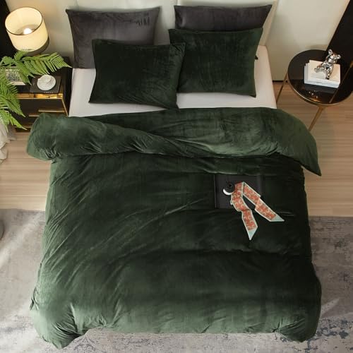 Ivellow Velvet Duvet Cover King Set Dark Green Comforter Cover 3Pcs Ultra Soft Cover Breathable Solid Luxury Flannel Velour Duvet Cover Zipper Closure Corner Tie Ivellow