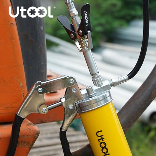 UTOOL Grease Gun, 8000 PSI Heavy Duty Pistol Grip Grease Gun Kit with 14 oz Capacity, 18 Inch Resin Flex Hose, 1 Patented Double Handle Coupler, 1 Basic Coupler UTOOL