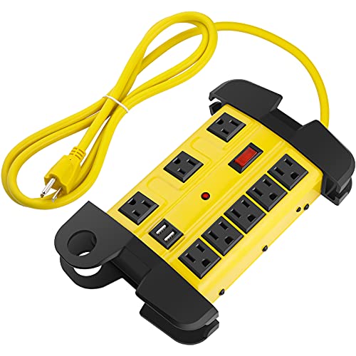 Heavy Duty Power Strip with USB, Workshop 8 Outlet Surge Protector 2700 Joules, Industrial Metal 15Amp Power Strip, 6FT Extension Cord and Wide Spaced. Yellow CCCEI