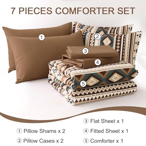 Dinjoy Boho King Size Bed in A Bag 7 Pieces,Brown/Coffee Comforter Set Aztec Striped Fall Bedding Set Bohemian Patchwork Complete Set Geometric Pattern Comforters for Women Men 90"×104" Dinjoy