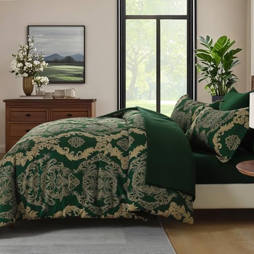 WONGS BEDDING Green Damask King Size Comforter Set, 7 Piece Texture Microfiber Comforter Bedding Set for All Season, Bed in a Bag with Comforter, Flat Sheet, Fitted Sheet, Pillowcases & Shams WONGS BEDDING