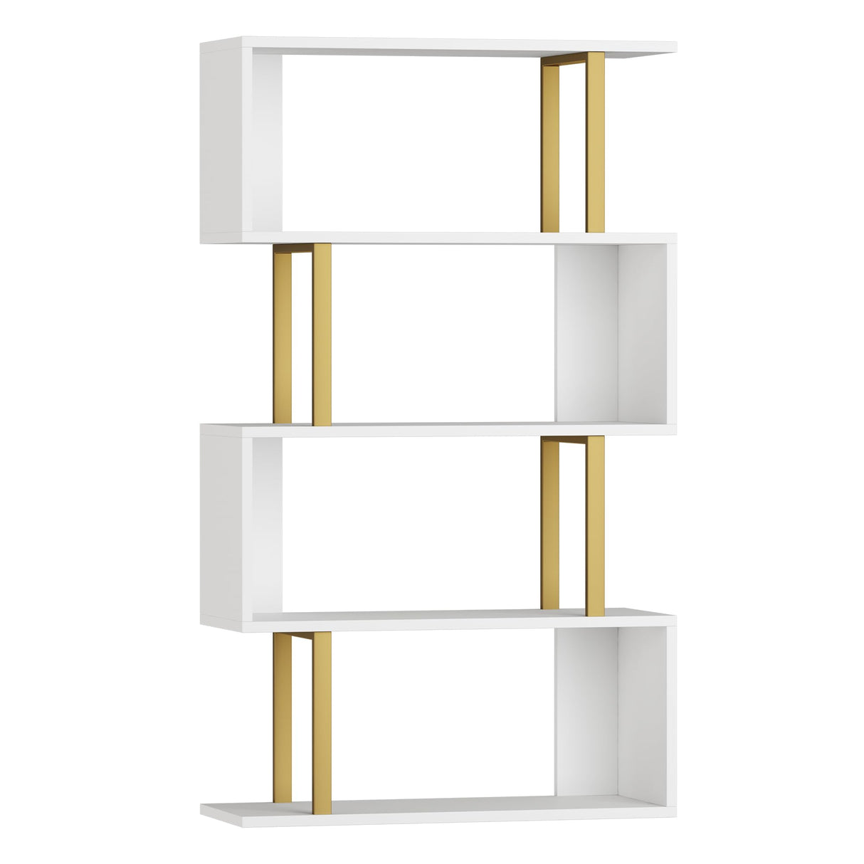 Yusong Geometric Bookcase, S Shaped Bookshelf 4-Tier Book Shelves for Bedroom, Modern Wood Decorative Display Shelf Tall Book Case for Home Office, Gold and White Yusong